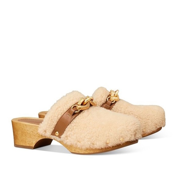 Tory Burch Shoes - Tory Burch Shearling Jessa Horsebit Wooden Clogs